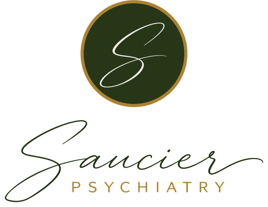 Saucier Psychiatry logo: circular S monogram with Saucier script and PSYCHIATRY